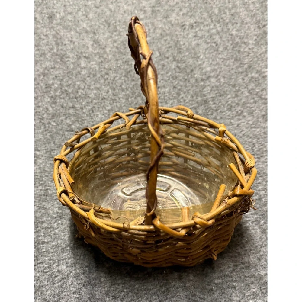 Small Rustic Grapevine Woven Basket w/ Handle and Plastic Liner Brown Farmhouse